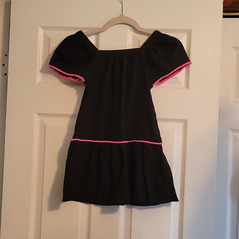 Children's Place  Summer Cover-up  Black with Pom-Pom Pink Trim  Size Medium 7/8
